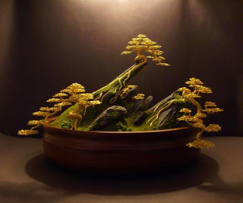 Artwork #32 - Four gold Bonsai in a large rockery scene