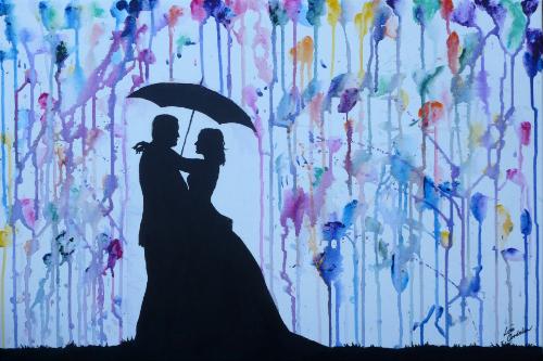 Wedding Couple Silhouette with Umbrella and "Rain" by Lois - Use the 'Create Similar' button to commission an artist to create your own artwork.