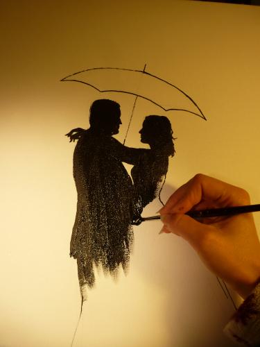 Wedding Couple Silhouette with Umbrella and "Rain" by Lois - Use the 'Create Similar' button to commission an artist to create your own artwork.