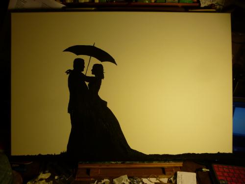 Wedding Couple Silhouette with Umbrella and "Rain" by Lois - Use the 'Create Similar' button to commission an artist to create your own artwork.